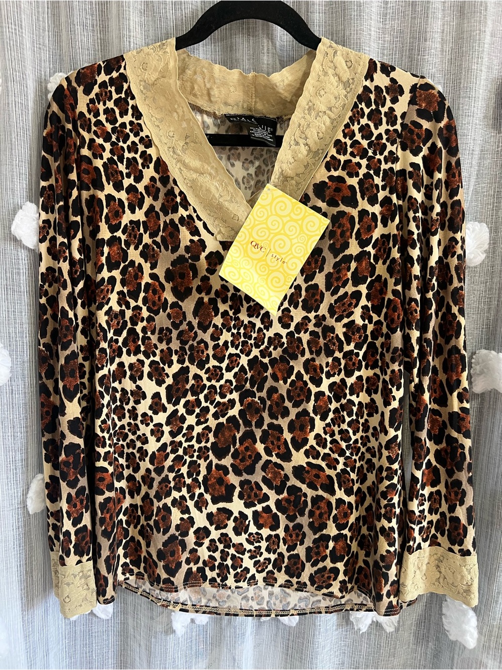Dialogue Leopard Print Blouse with Beige Lace Trim